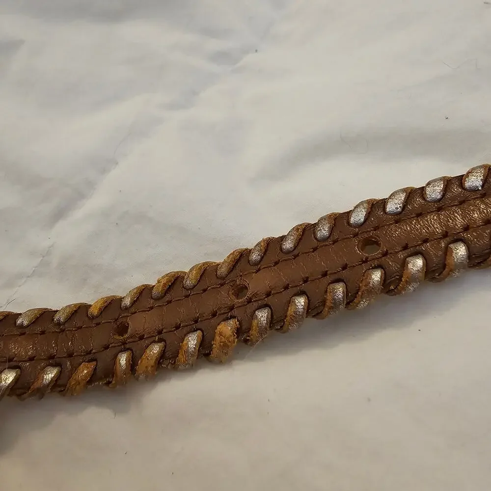 J.Crew Brown Leather Whipstitch Skinny Belt Metallic Lace Trim Size S